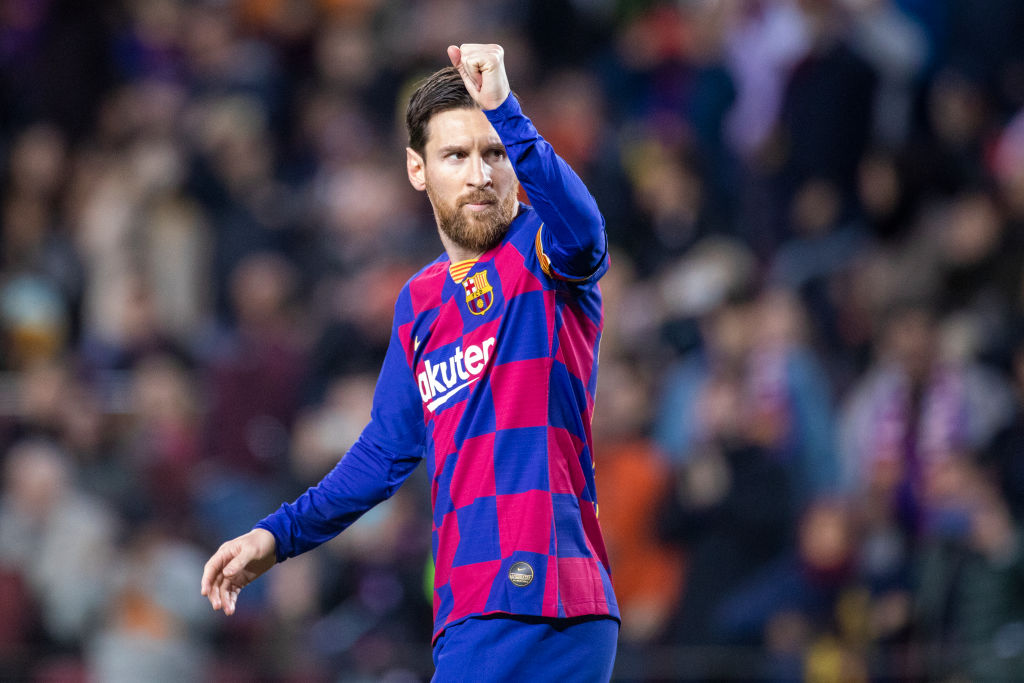 Lionel Messi #10 of Barcelona salutes the fans after scoring from the penalty spot during the Barcelona V Real Sociedad, La Liga regular season match at Estadio Camp Nou on March 7th 2020 in Barcelona, Spain. Photo by Tim Clayton/Corbis via Getty Images