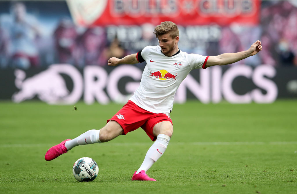 Timo Werner of Leipzig runs with the ball during the Bundesliga match between RB Leipzig and Hertha BSC at Red Bull Arena on May 27, 2020, in Leipzig, Germany. Photo by Alexander Hassenstein/Getty Images