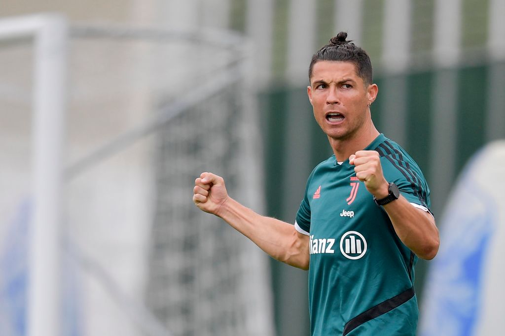 Juventus player Cristiano Ronaldo reacts during a training session at JTC on May 29, 2020 in Turin, Italy. Photo by Daniele Badolato - Juventus FC/Juventus FC via Getty Images