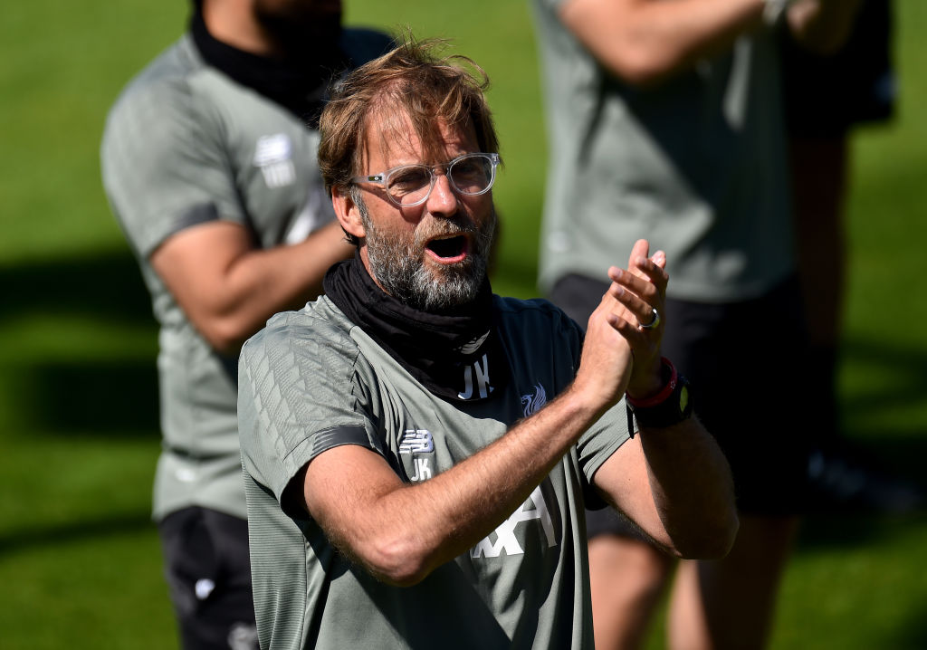 Jurgen Klopp manager of Liverpool singing Happy Birthday during a training session at Melwood Training Ground on May 30, 2020 in Liverpool, England. Photo by Andrew Powell/Liverpool FC via Getty Images
